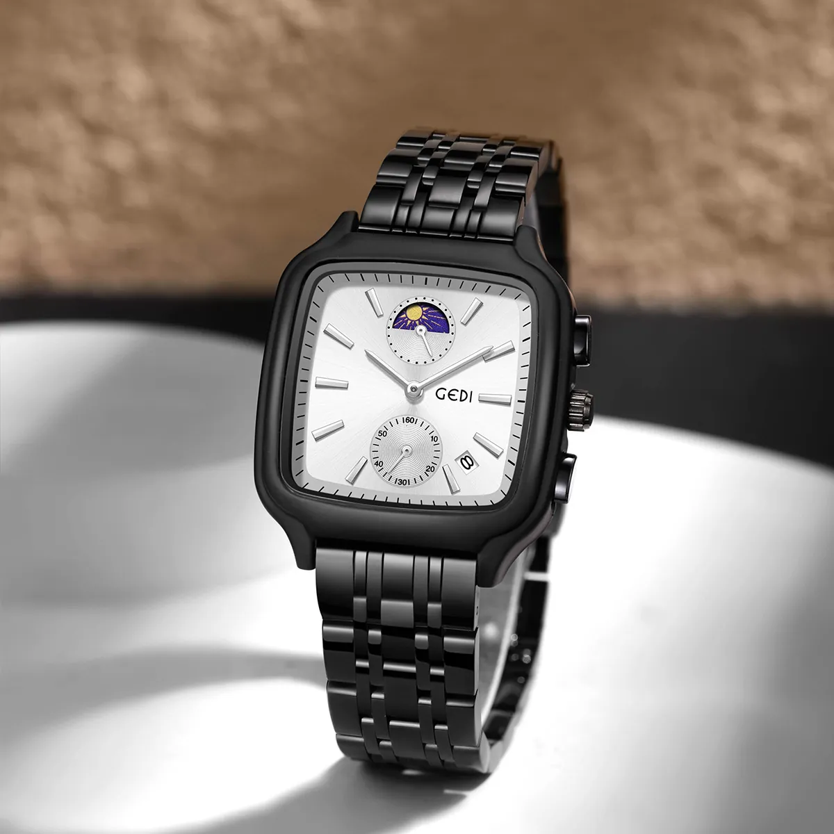 Women Quartz Watch Square Case Moon Phase Date Display Waterproof Stainless Steel Business Fashion Elegant Wristwatch