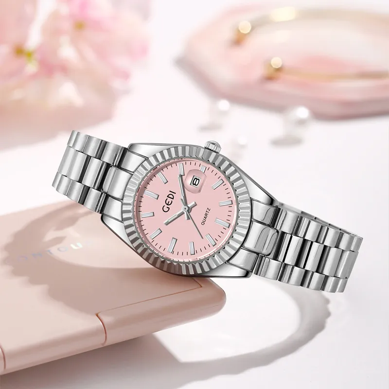Montre À Quartz Pour Femme Mode Bracelet En Acier Inoxydable Lunette Cannelée Affichage Date Calendrier Étanche Business
