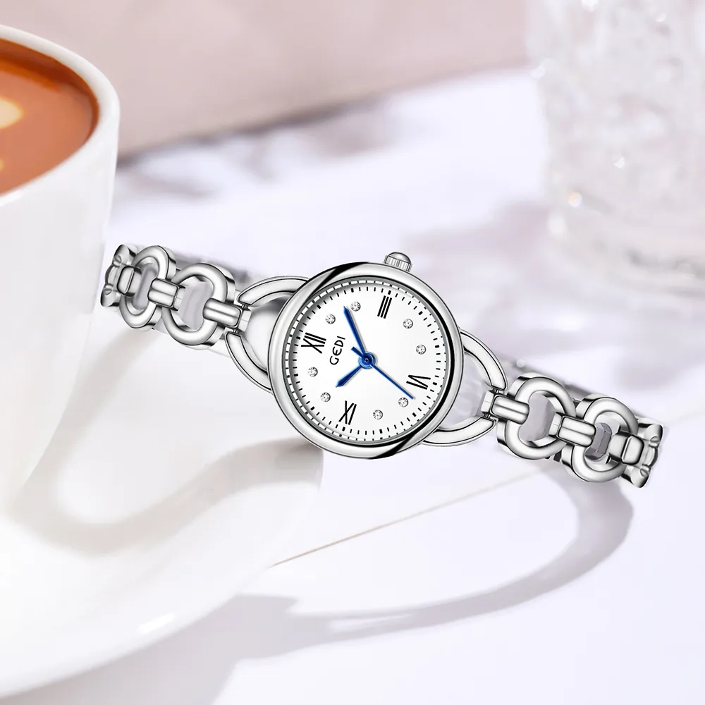 Elegant Women Bracelet Watch Fashion Quartz Movement Waterproof Alloy Link Strap Roman Numerals Rhinestone Blue Hands
