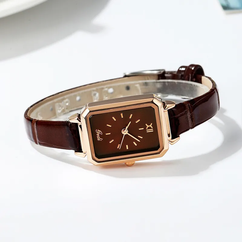 Damen Quarz Uhr Rechteckiges Rosegold Legierung Gehäuse Krokodilleder Armband Retro Eleganter Stil Damen Armbanduhr