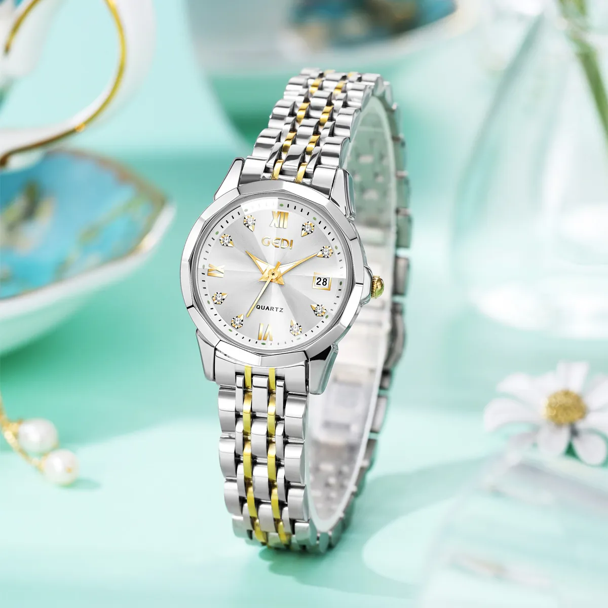 Ladies Fashion Quartz Watch Rhombus Cut Mirror Stainless Steel Strap Waterproof Date Calendar Rhinestone Elegant Wristwatch