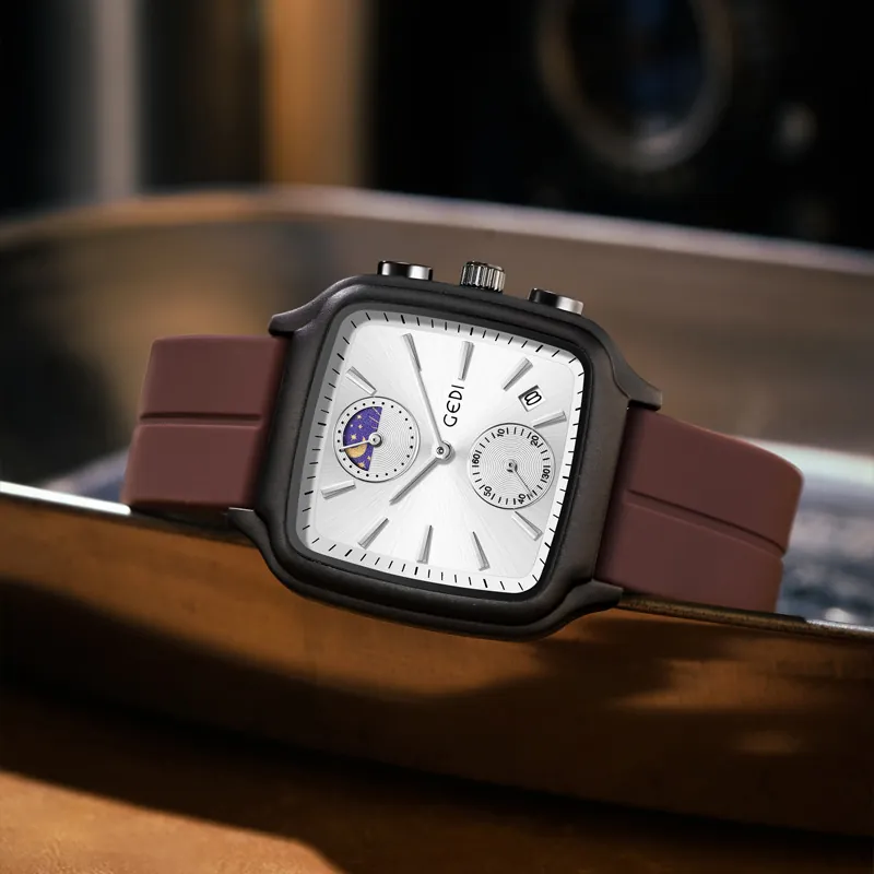 Montre À Quartz Carrée Mode Phase De Lune Calendrier Étanche Bracelet En Silicone Boucle Magnétique Sport Business