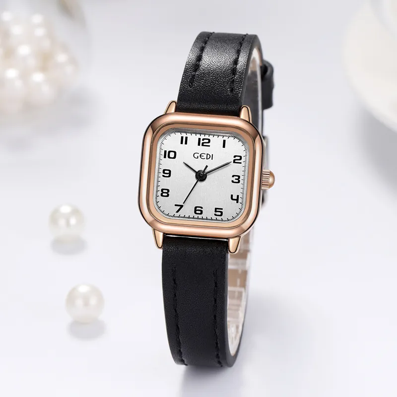 Women Quartz Wristwatch Square Alloy Case Leather Strap Arabic Numerals Vintage Minimalist Elegant Waterproof Casual Lady Watch