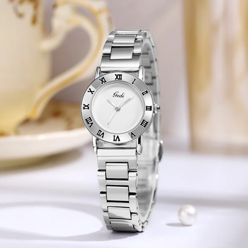 Montre À Quartz Pour Femme Bracelet En Acier Inoxydable Étanche Lunette Chiffres Romains Élégante Affaires Cadran Rond