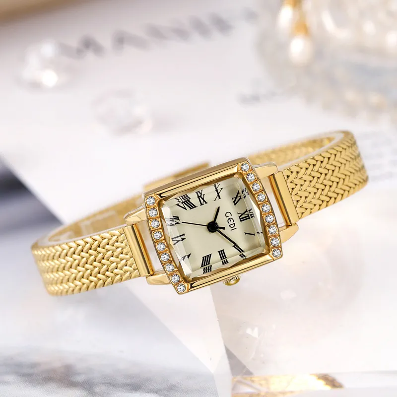 Montre À Quartz Carrée Rétro Pour Femmes Lunette En Strass Alliage Bracelet En Maille Acier Inoxydable Étanche Élégante