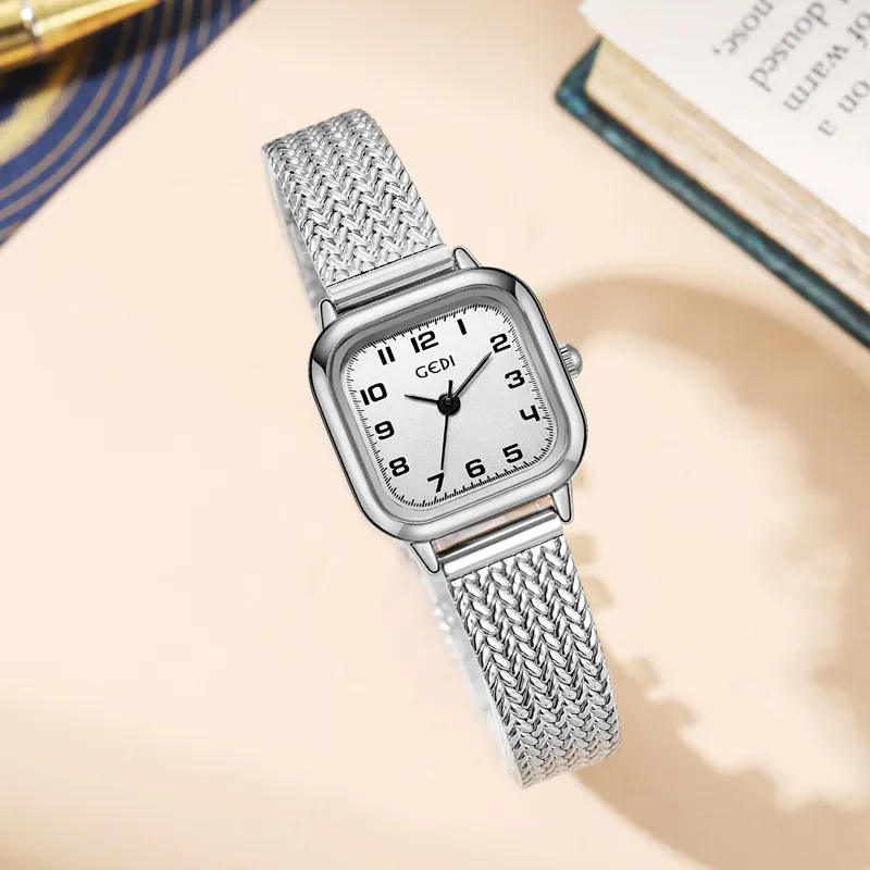 Women Square Sugar Cube Watch Stainless Steel Mesh Strap Waterproof Retro Vintage Style Quartz Wristwatch Elegant
