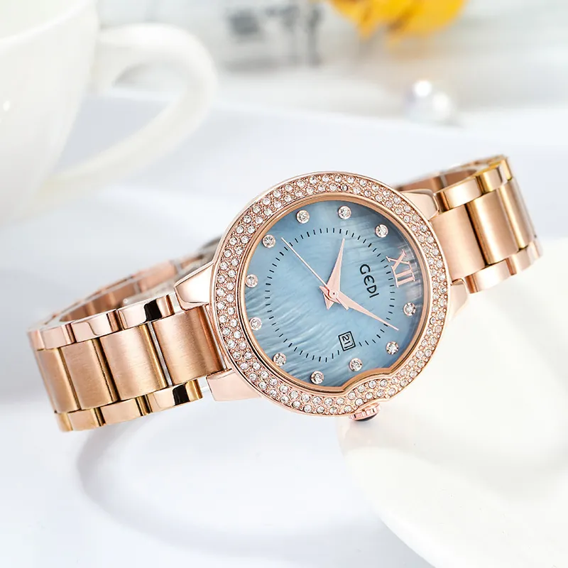 Women Quartz Watch Stainless Steel Strap Rhinestone Bezel Waterproof Date Fashion Elegant Casual Mother Of Artificial Pearl Dial