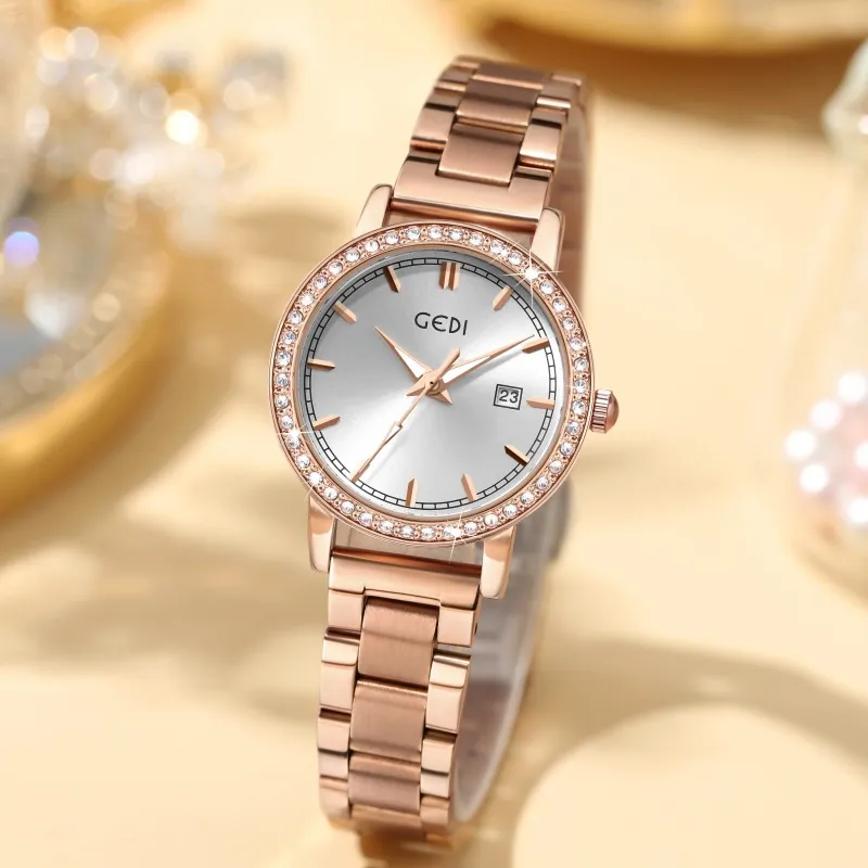 Women Quartz Watch Luxury Rhinestone Bezel Alloy Band Waterproof Calendar Elegant Fashion Wristwatch For Ladies