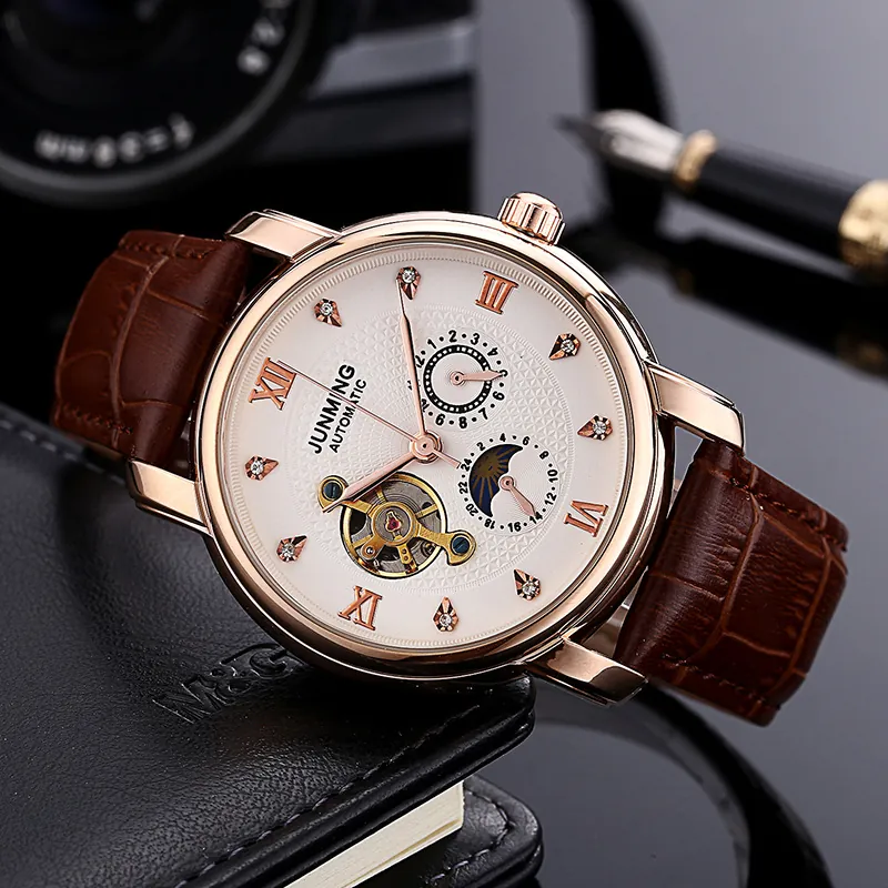 Men Automatic Mechanical Watch Business Leather Strap Waterproof Moon Phase Skeleton Dial Rhinestone Luxury Formal