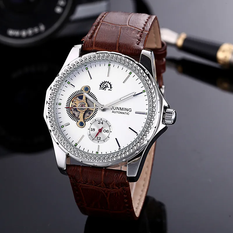 Automatic Mechanical Watch Stainless Steel Case Leather Strap Skeleton Open Heart Sub Dial Waterproof Business Men Wristwatch