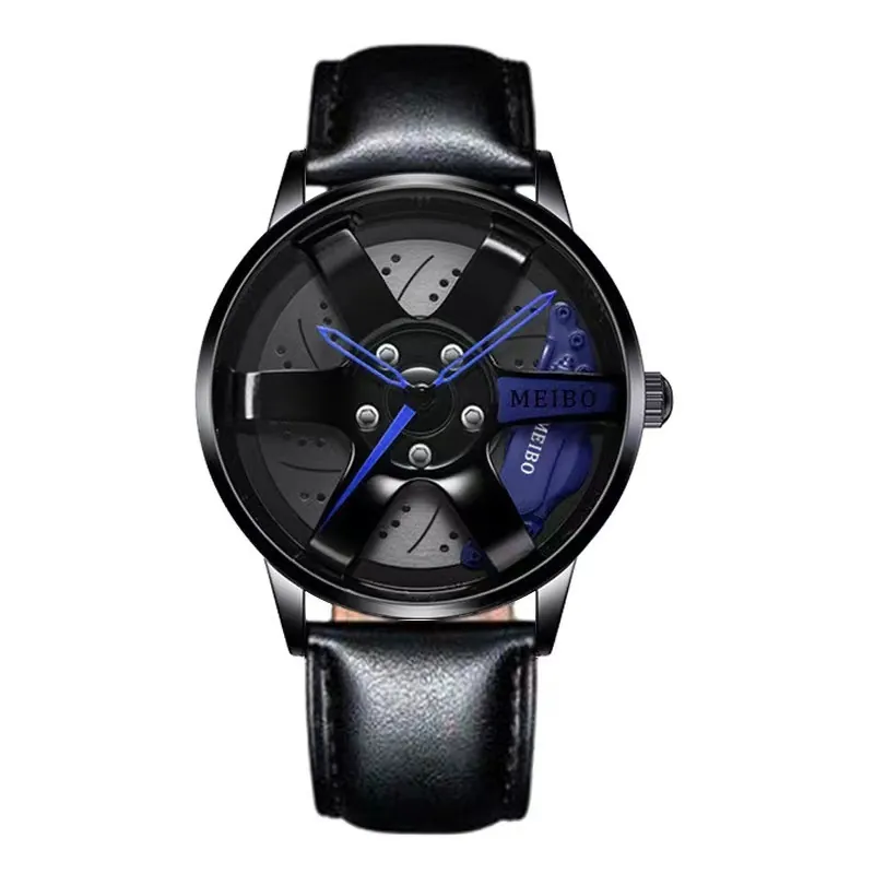 Men Quartz Watch Leather Strap Alloy Case Sports Car Wheel Hub Design Hollow Industrial Fashion Wristwatch