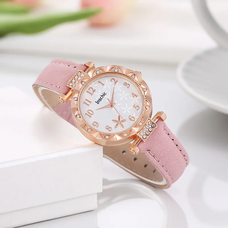 Women Quartz Watch Rhinestone Bezel Floral Dial Faux Leather Strap Rose Gold Case Arabic Numerals Elegant Casual Wristwatch