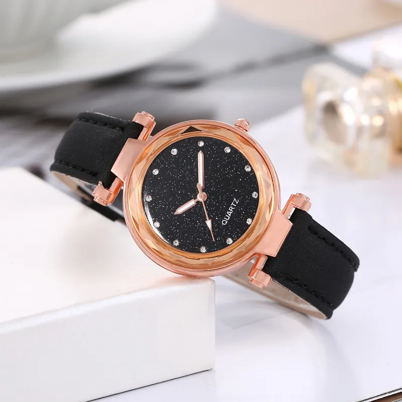 Women's Starry Sky Quartz Watch With Faux Leather Strap And Rhinestone Dial Accents Casual Fashion Wristwatch