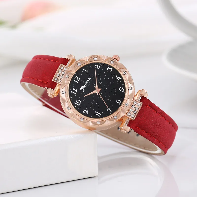 Women Fashion Quartz Watch Starry Sky Dial Rhinestone Case Faux Leather Strap Casual Elegant Wristwatch