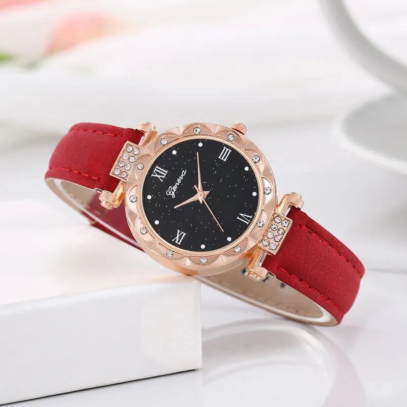Montre Quartz Femme Strass Alliage Ciel Étoilé Cadran Rond Bracelet Cuir Chiffres Romains Mode Élégante
