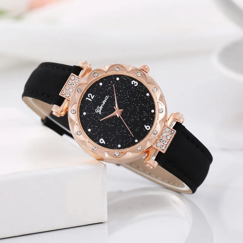 Women Quartz Watch Starry Sky Dial Rhinestone Decor Alloy Case Faux Leather Strap Elegant Analog Wristwatch Ladies Fashion