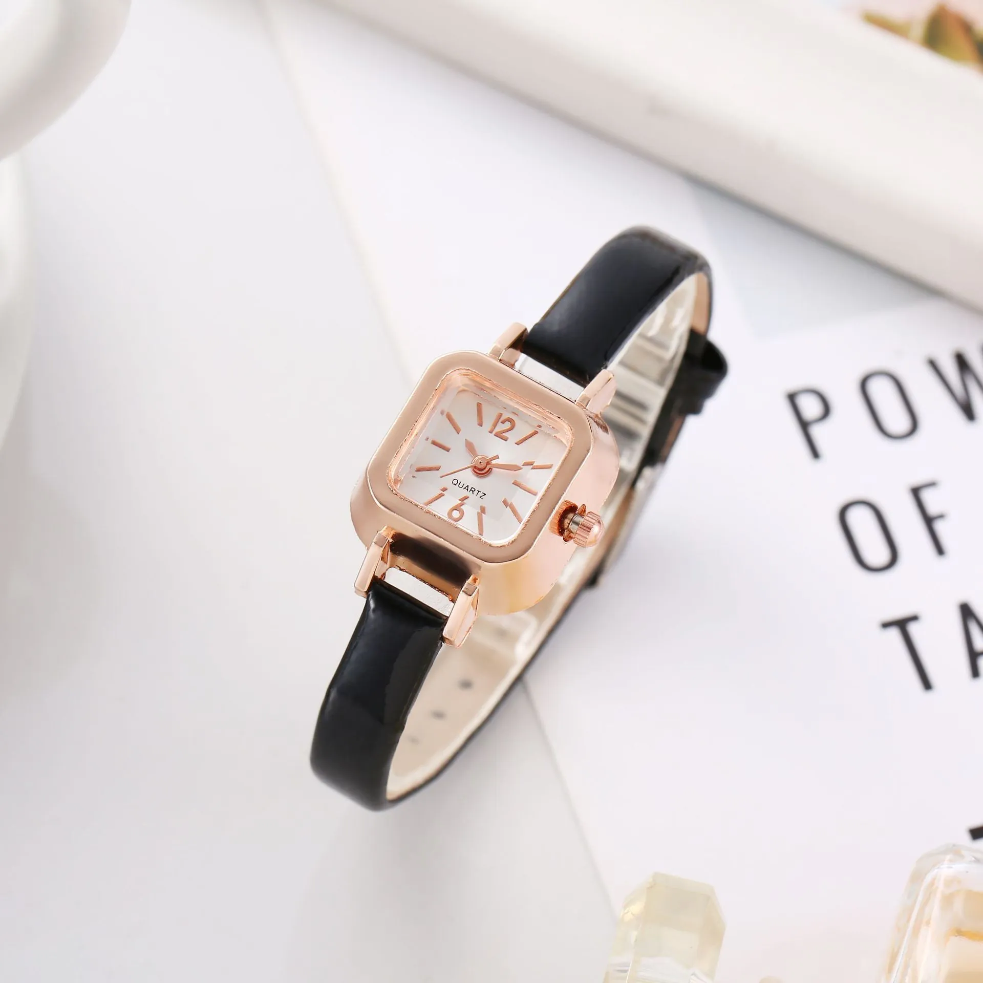 Women Square Quartz Watch Rose Gold Alloy Case Faux Leather Strap Minimalist Elegant Dress Wristwatch For Ladies
