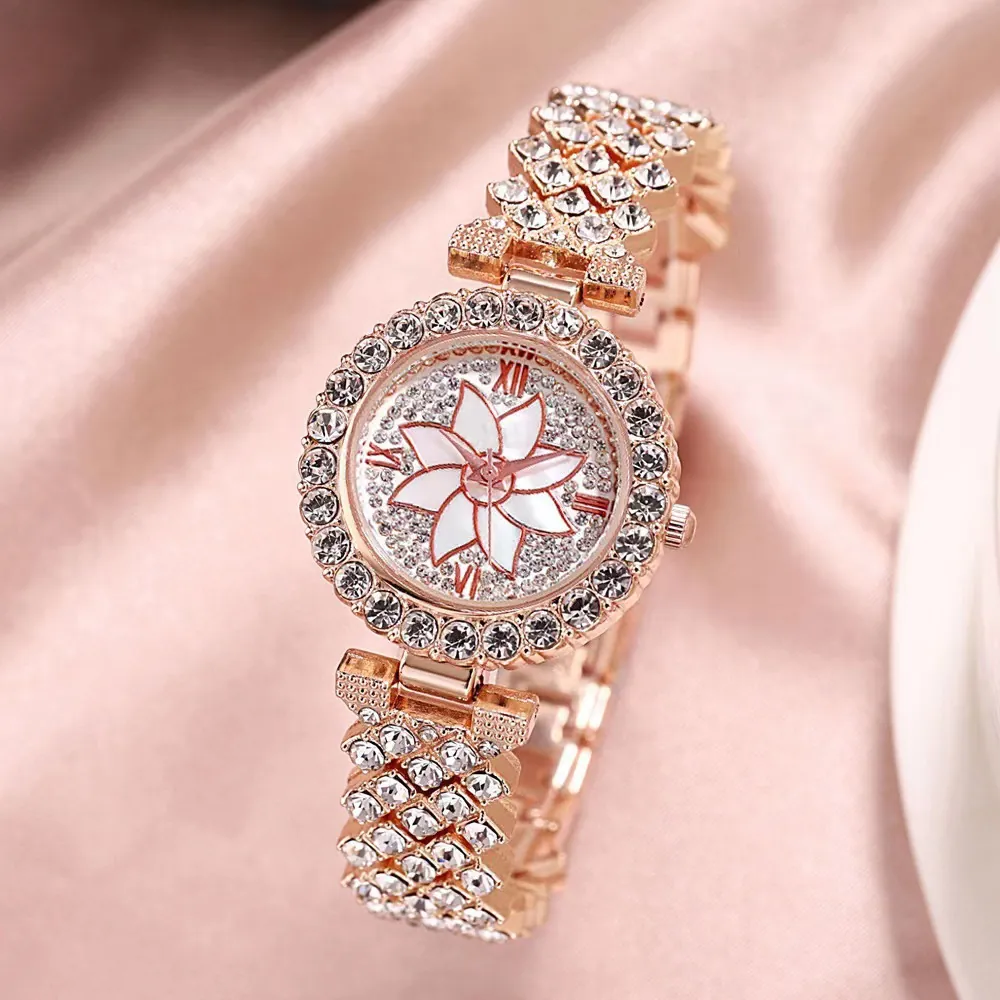 Fashion Women Bracelet Watch Luxury Rhinestone Alloy Analog Quartz Wristwatch Elegant Flower Dial Roman Numerals