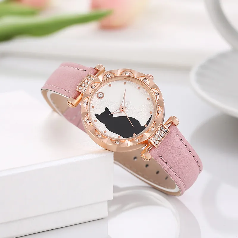Women Fashion Cat Silhouette Quartz Watch Rhinestone Bezel Faux Leather Strap Casual Elegant Wristwatch For Ladies