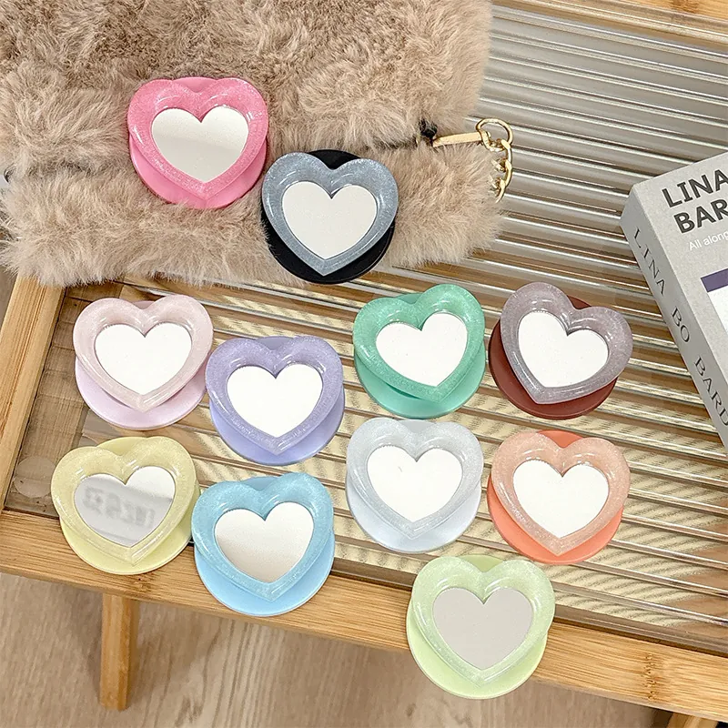 Heart Shape Phone Grip Griptok With Built-In Mirror Glitter Resin Plastic Foldable Desktop Stand Holder For Smartphones