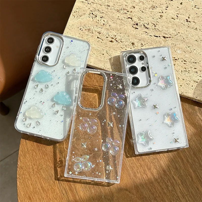 3D Cloud Star Cherry Phone Case Glitter Transparent TPU Shockproof Cover Rhinestone Decorative Electroplated Frame Cute