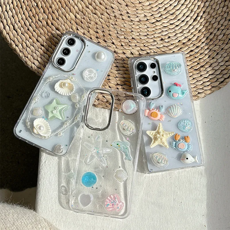 Samsung Galaxy Phone Case Clear Glitter Ocean Theme 3D Dolphin Crab Shell Starfish Artificial Pearl Decoration Shockproof Soft TPU
