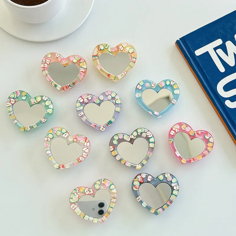 Heart Shaped Phone Grip With Mirror Korean Ins Style Glitter Resin Simulated Fruit Slices Universal Adhesive Griptok Stand