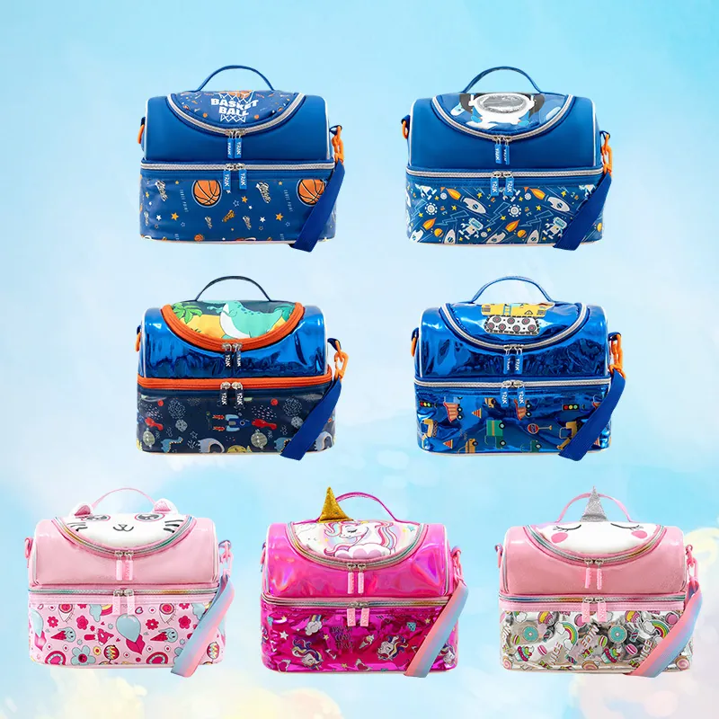 Kids Lunch Bag Insulated Double Layer Pu Thermal Bento Handbag Adjustable Shoulder Strap School Picnic Cartoon Print