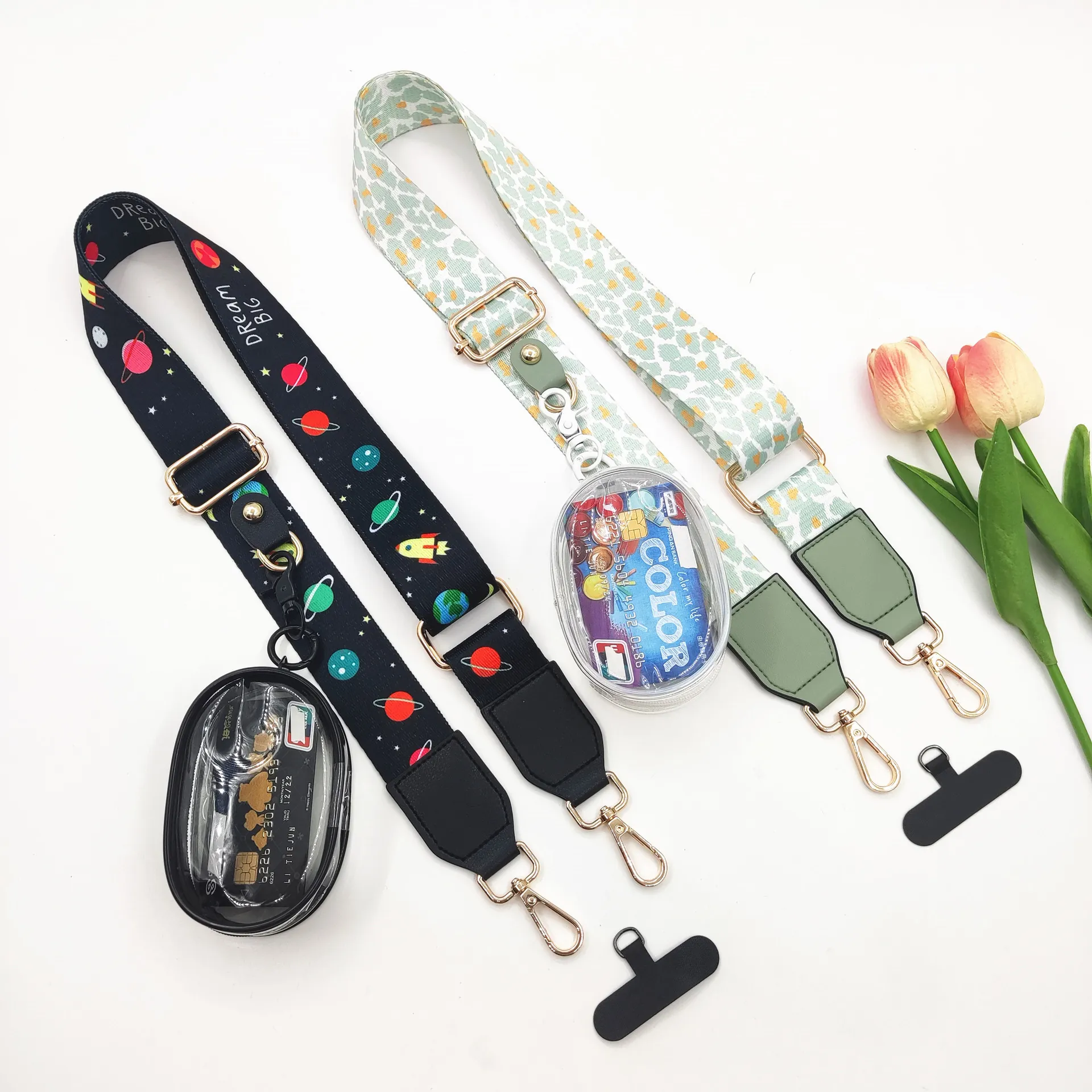 Wide Adjustable Bag Strap And Transparent Pouch And Phone Tether Polyester Leopard Space Print For Crossbody Handbags