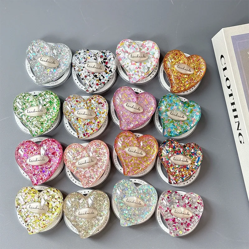 Glitter Sequin Heart Shape Phone Griptok Retractable Mobile Stand Resin Handmade Label Magnetic Holder Accessory