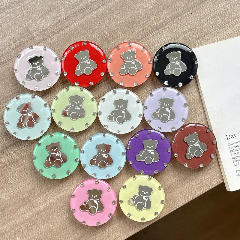 Rhinestone Phone Grip Stand Folding Retractable Resin Cute Metallic Bear Icon Korean Style Portable Mobile Hand Support