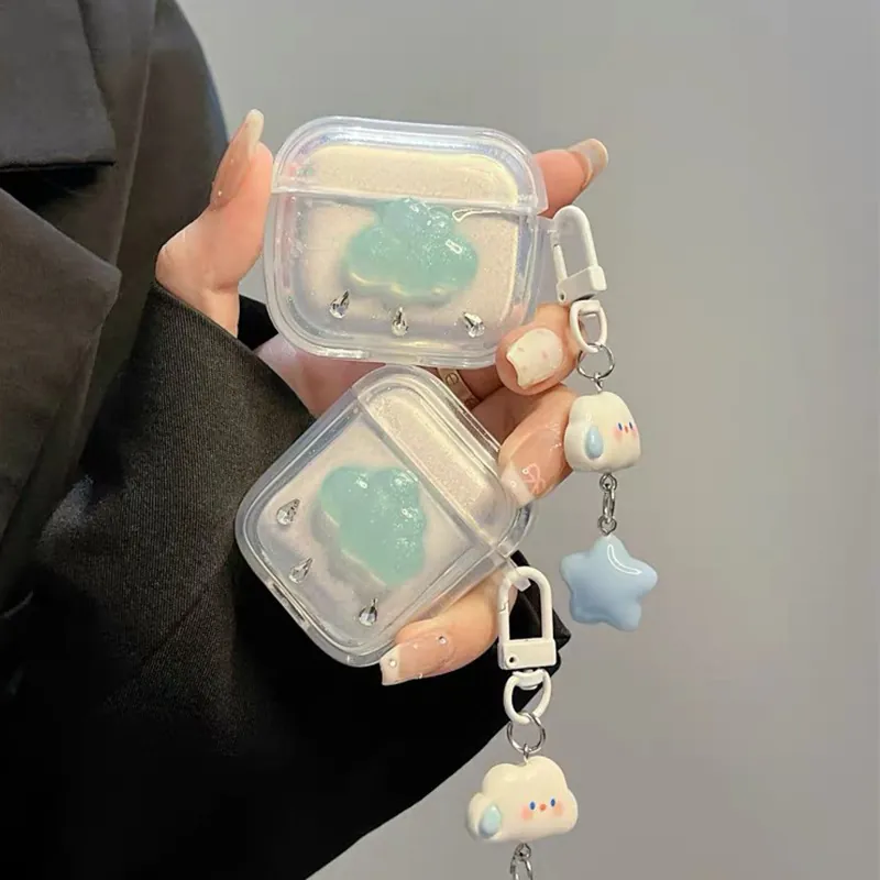 Earphone Case Transparent Shimmer 3D Blue Cloud Rhinestone Water Drop Decor With Star Cloud Pendant Cute Soft Protective Cover