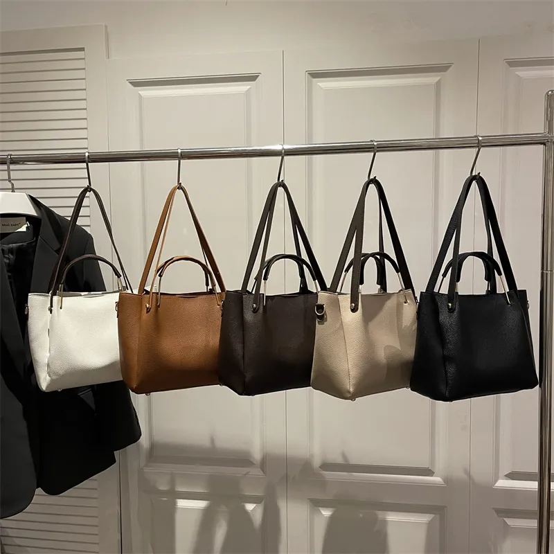 Women Minimalist Litchi Texture PU Leather Bucket Bag Adjustable Shoulder Strap Handbag Casual Commuting Crossbody Bag