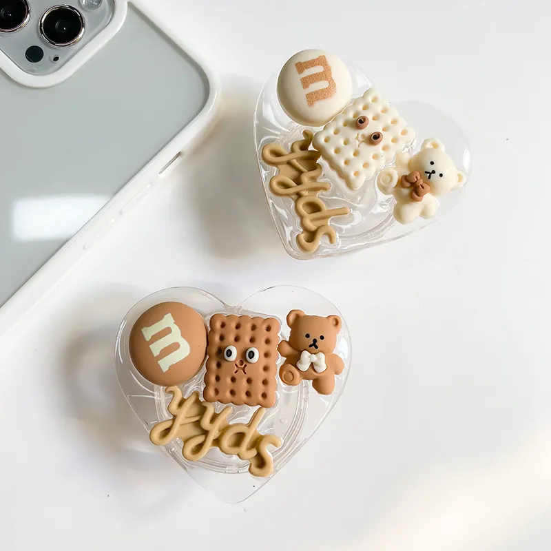 Support Griptok De Téléphone Portable En Acrylique Transparent En Forme De Cœur Ours En Peluche 3D Biscuit Résine Support Pliable