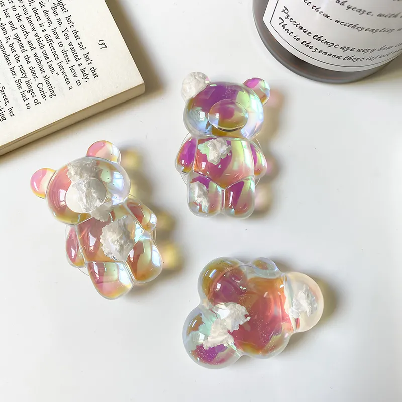 Expanding Phone Socket Grip Iridescent Resin Bear Cloud Shape Holographic Adhesive Holder For Smartphone Cute Aesthetic