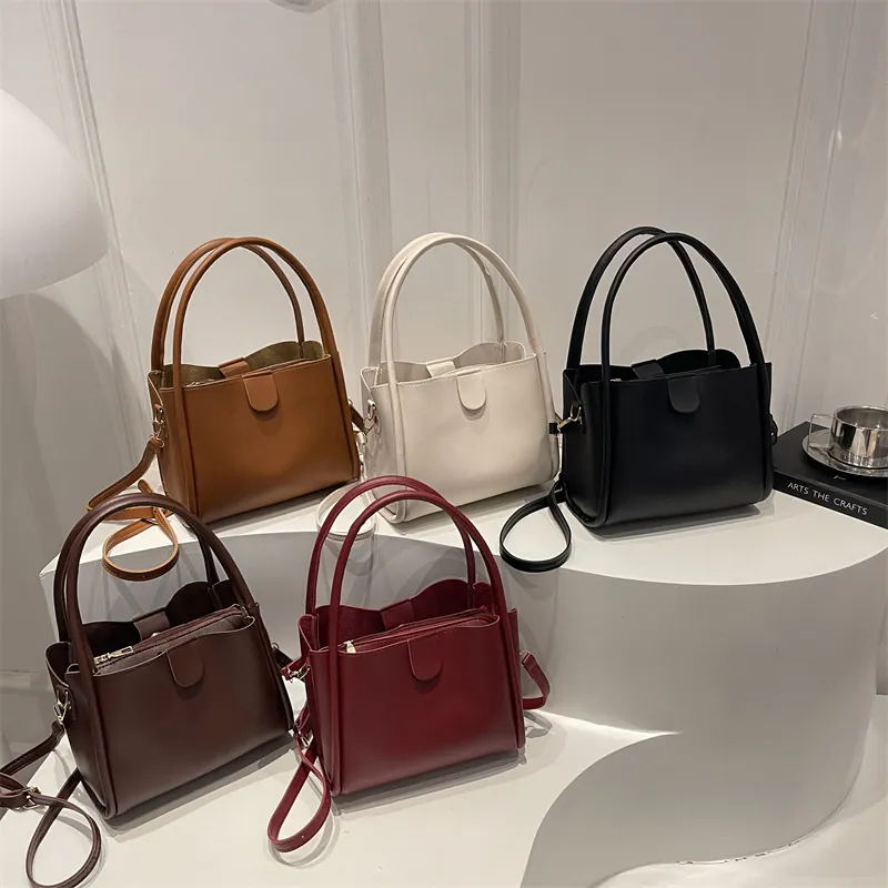 Minimalist PU Leather Bucket Tote Bag For Women With Removable Shoulder Strap Magnetic Snap Daily Commuting Handbag