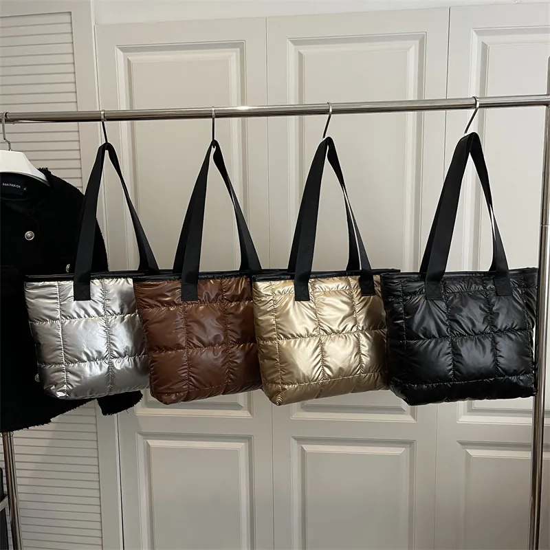 Women Large Capacity Quilted Tote Bag Casual Metallic Solid Color Padded Shoulder Bag Shiny Polyester Fashion Travel Handbag