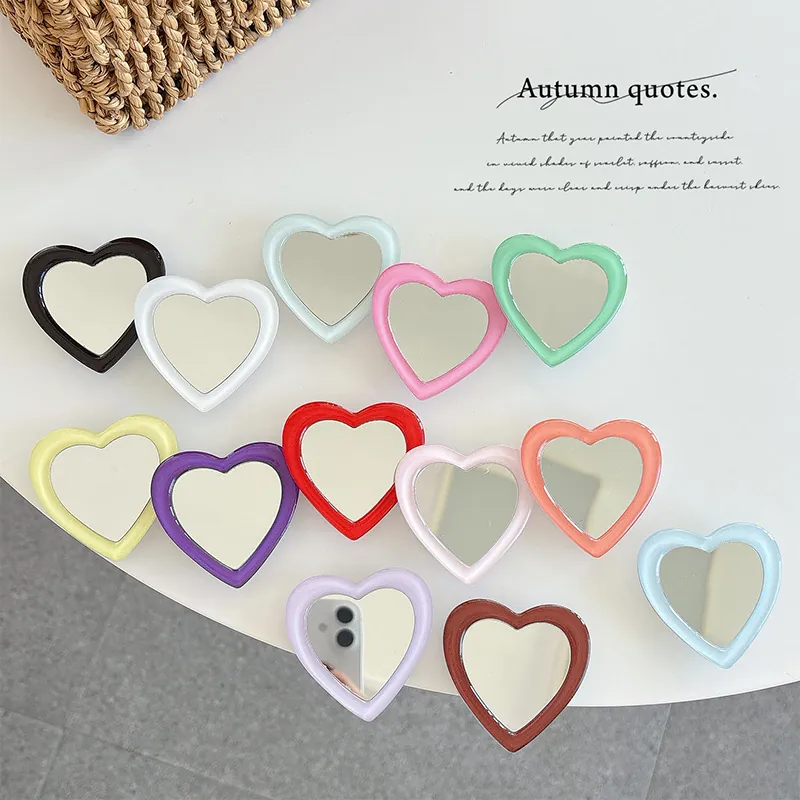 Heart Shaped Phone Stand Grip With Makeup Mirror Portable Folding Expandable Support Colorful Jelly Plastic Cute
