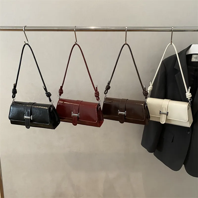 Korean Style Glossy PU Leather Underarm Bag For Women Retro Rectangular Shoulder Bag With Metal Lock Buckle Knot Strap