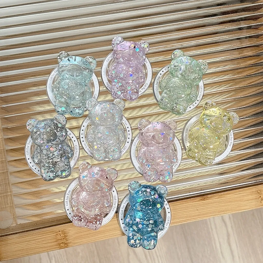 Phone Holder Magnetic Griptok Expanding Stand 3D Bear Shape Transparent Resin Sequins Desk Phone Accessories