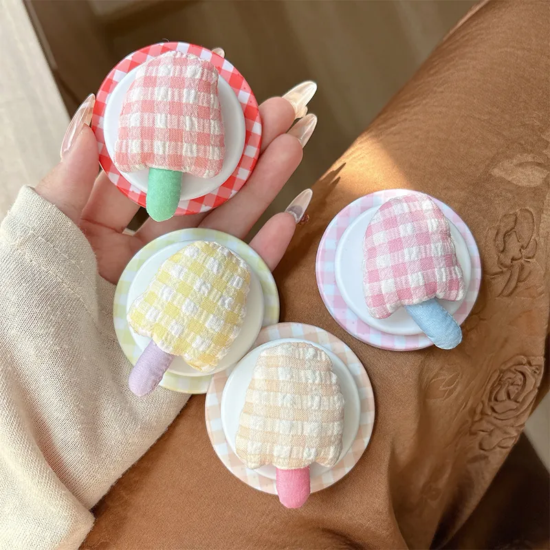 Phone Socket Grip Stand Fabric Gingham Plaid Pattern Mushroom Popsicle Magnetic Retractable Smartphone Holder Cute Aesthetic