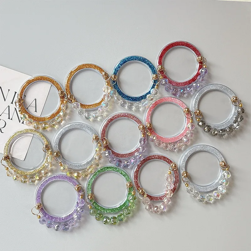 Magnetic Phone Grip Ring With Glitter Texture And Acrylic Crystal Bead Chain For MagSafe Compatible Mobile Devices