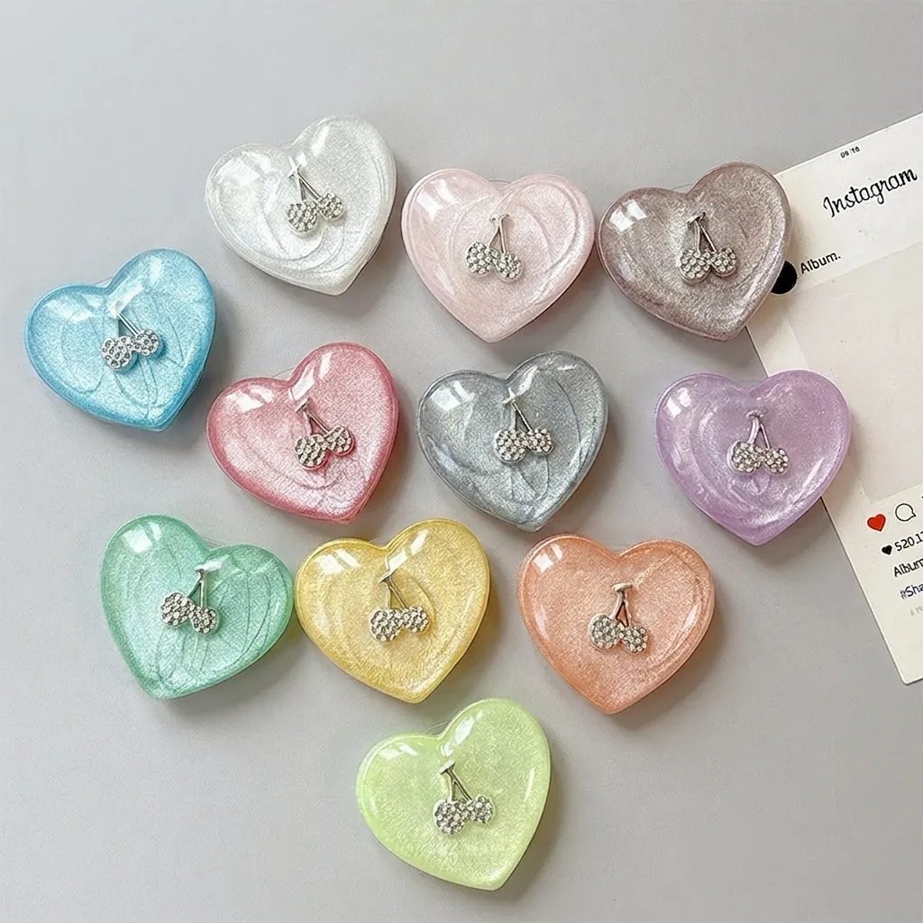 Heart Shaped Phone Grip Griptok With Rhinestone Cherry Glitter Sparkle Resin Folding Finger Stand Desktop Holder Accessory