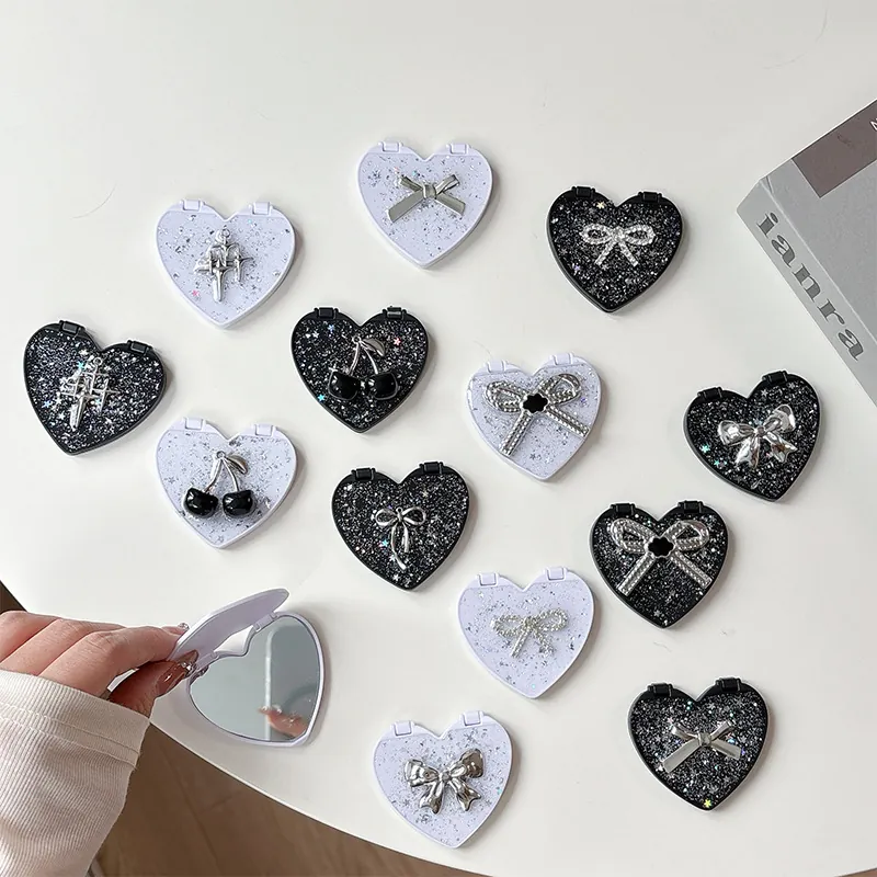 Heart Shaped Compact Mirror Portable Folding Makeup Mirror With Glitter Sequins Bow Cherry For Women Girls