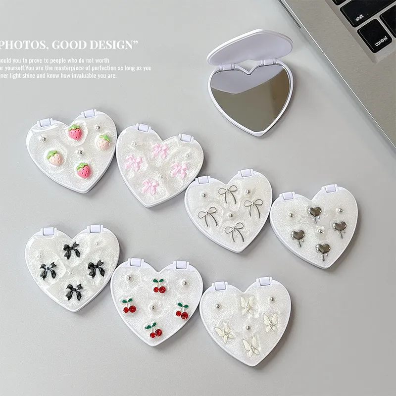 Heart Shaped Phone Holder Foldable Mirror Stand With Glitter Resin Bow Cherry Decoration Cute Aesthetic Desk Support
