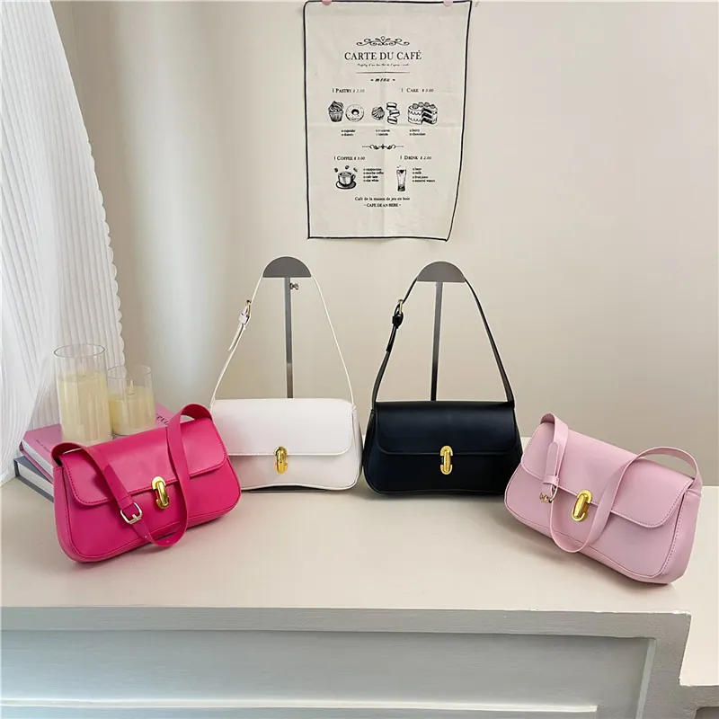 Women PU Leather Underarm Bag Minimalist Lock Flap Solid Color Shoulder Bag Versatile Chic Commuter Handbag Accessory