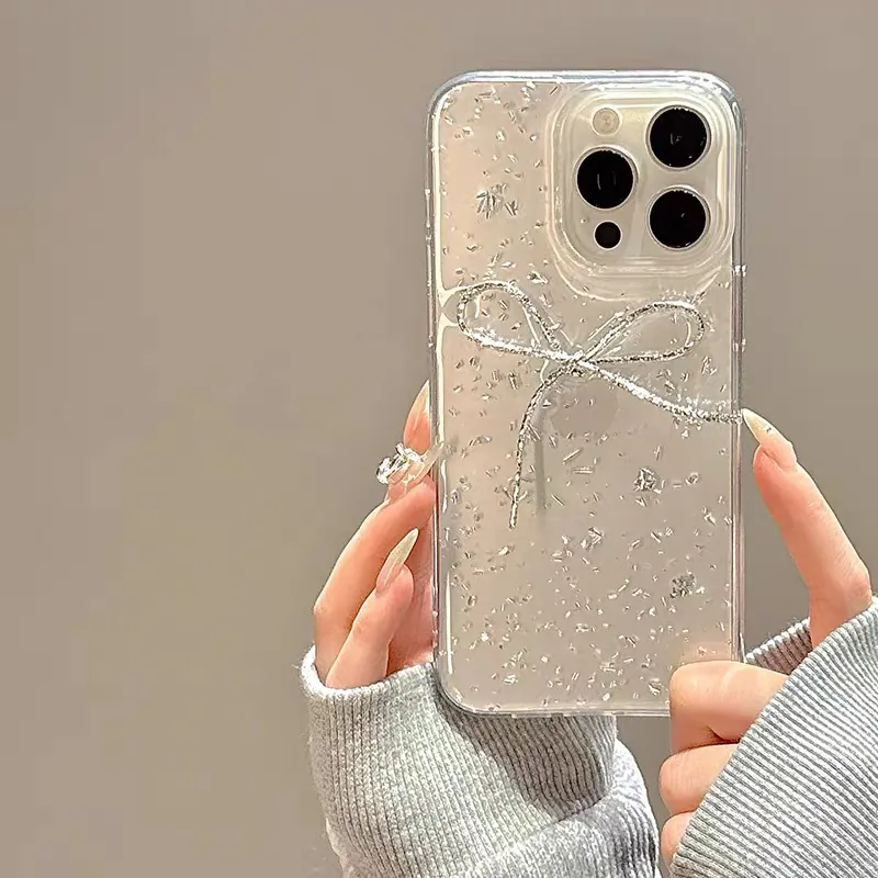 Transparent TPU Phone Case With Silver Foil Glitter And 3D Bowknot Elegant Chic Sparkling Protective Cover For Smartphone