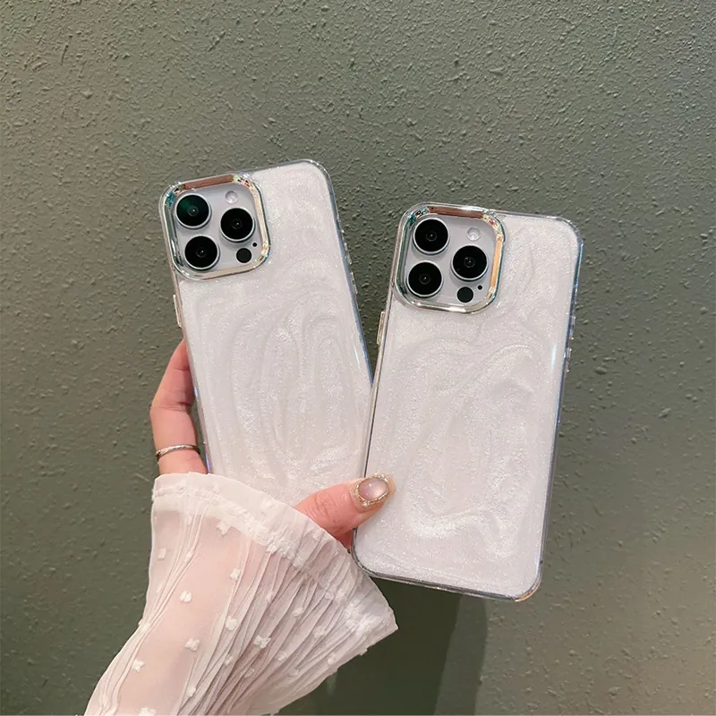 Artificial Pearl White Glitter Phone Case Electroplated Lens Frame TPU Soft Shockproof Luxury Elegant Protective Shell For Women