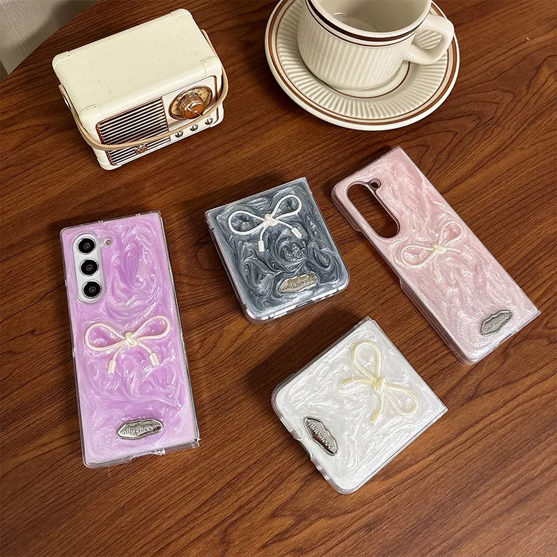 Samsung Galaxy Z Flip Fold Case Glitter Artificial Pearl Marble Texture With 3D Bow Knot Metal Logo Shockproof Protective Cover