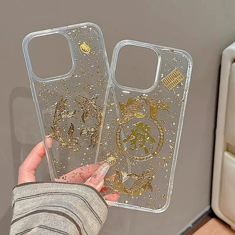 Coque De Téléphone Carpe Koï Avec Feuille D'or Relief 3D TPU Étui De Protection Antichoc Accessoire Style Oriental De Luxe